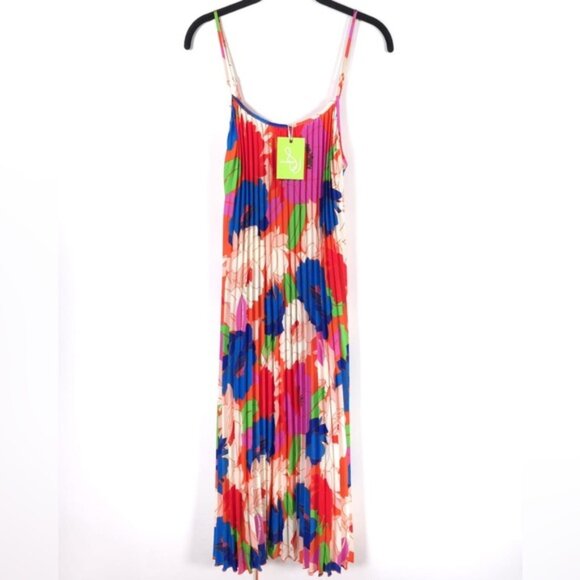NWT Sam Edelman Women’s Midi Dress Retro Floral Plisse Bright Colorful LARGE - Picture 2 of 12
